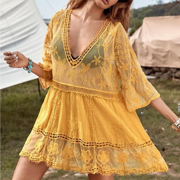 Boho floral embroidered beach cover up - Picture 5 of 5